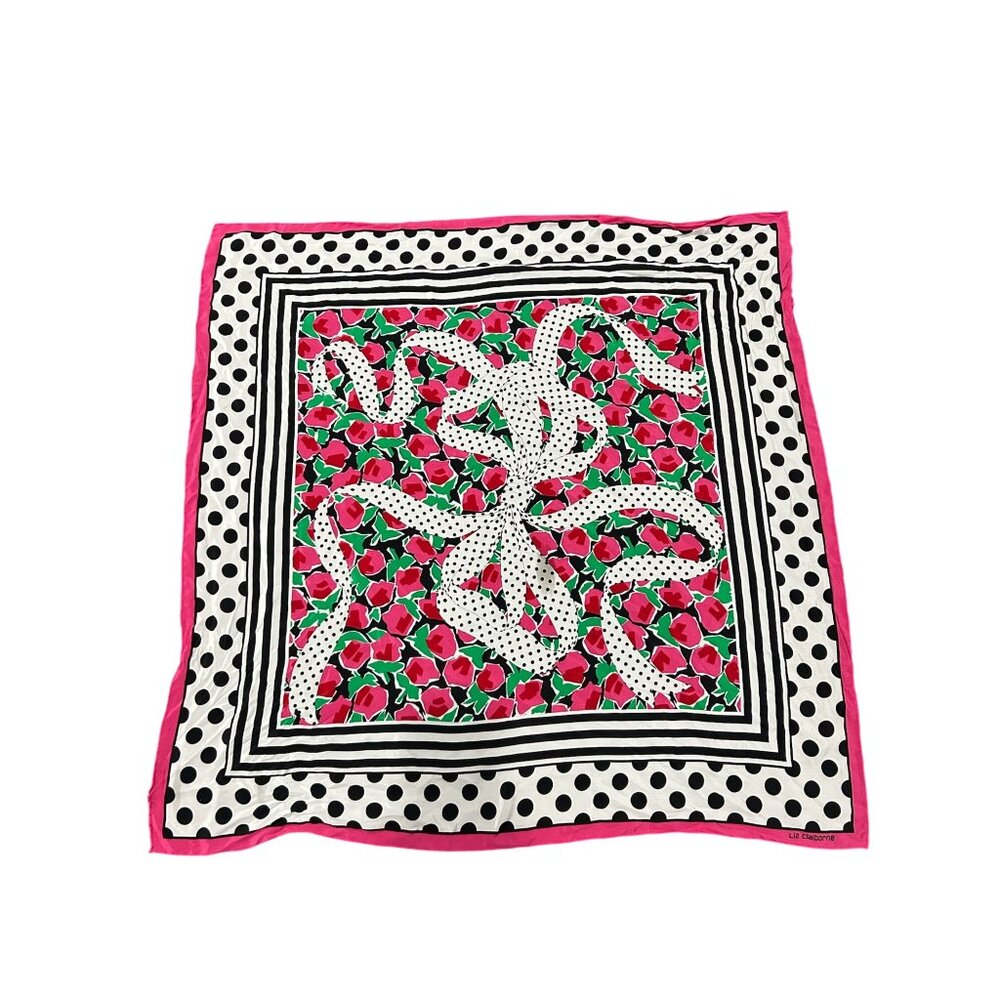 Liz Claiborne Polka Dot Floral Print Lightweight Scarf Size 33"x33" Playful Chic